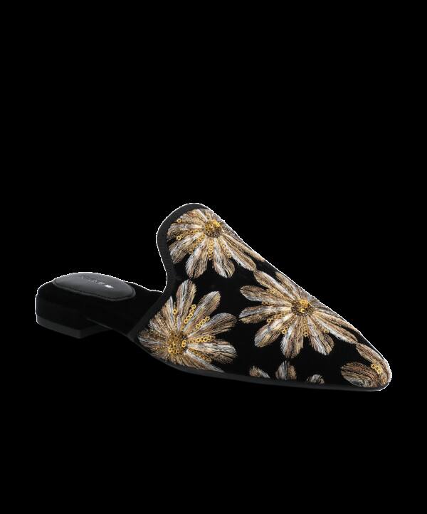 The Goldfinch 15 Mule – Black Gold Starburst Velvet